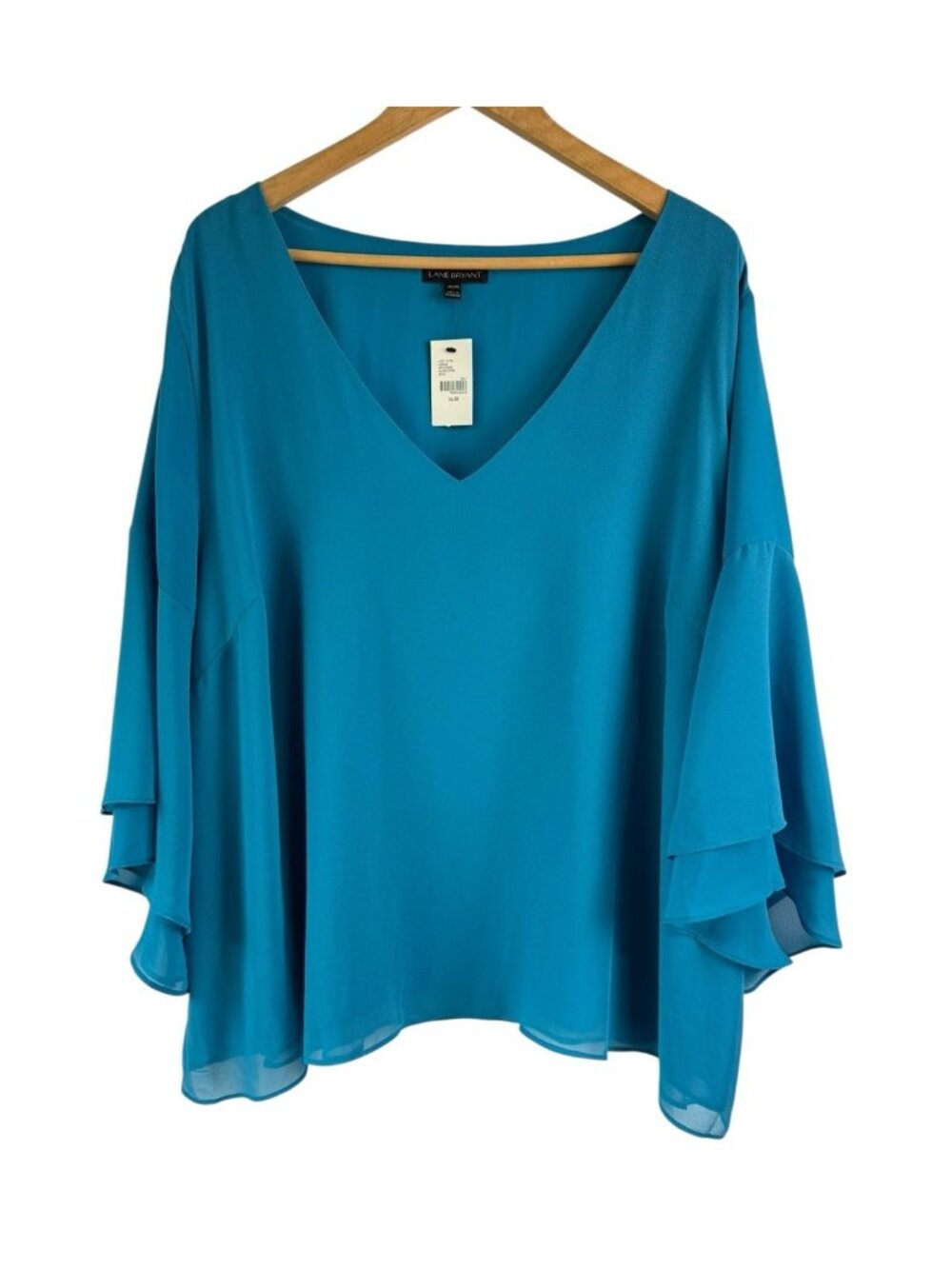 Lane Bryant Womens Top 26 28 Blue Chiffon Semi Sheer Bell Sleeve Layered NEW